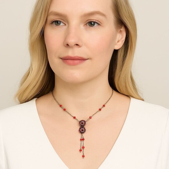 Liz Palacios SF Red Swarovski Crystal Flower Necklace Romantic Signed Vintage - Picture 1 of 7